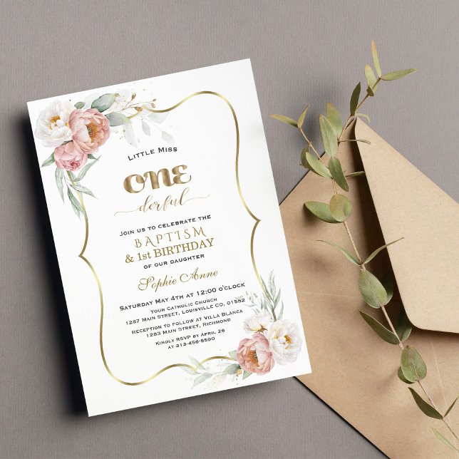 White Dusty Rose Flowers First Birthday & Baptism Invitation (Creator Uploaded)
