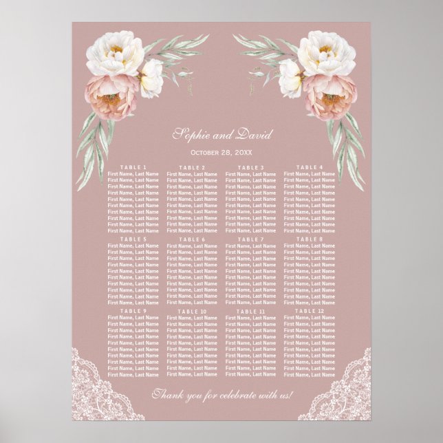 White Dusty Rose Flowers Wedding Seating Chart (Front)
