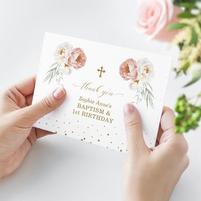 White Dusty Roses Floral 1st Birthday Baptism   Thank You Card (Creator Uploaded)