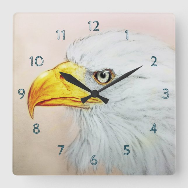 White Eagle Square Clock, Bird Realistic Sketch Wall Clock (Front)
