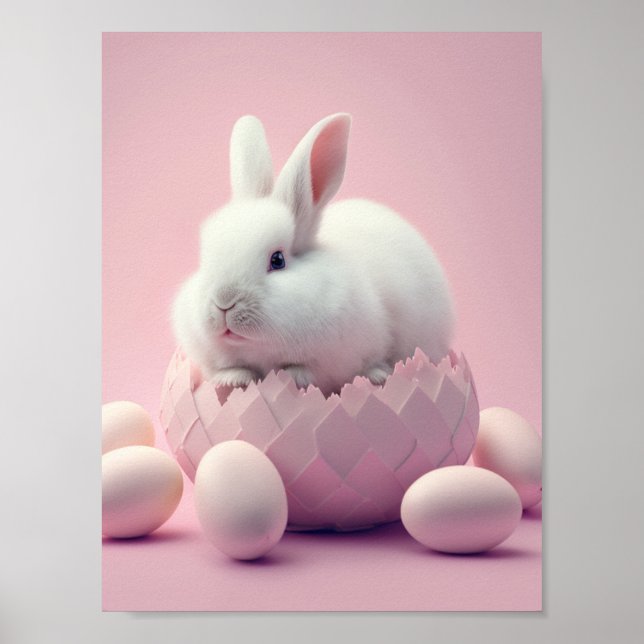 White Easter Bunny and Eggs Pink Background Poster (Front)