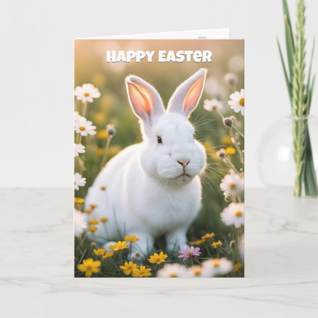 White Easter Bunny In Daisies Holiday Card (Front)