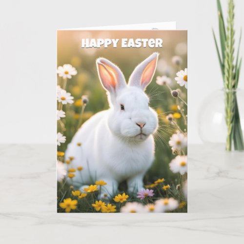 White Easter Bunny In Daisies Holiday Card