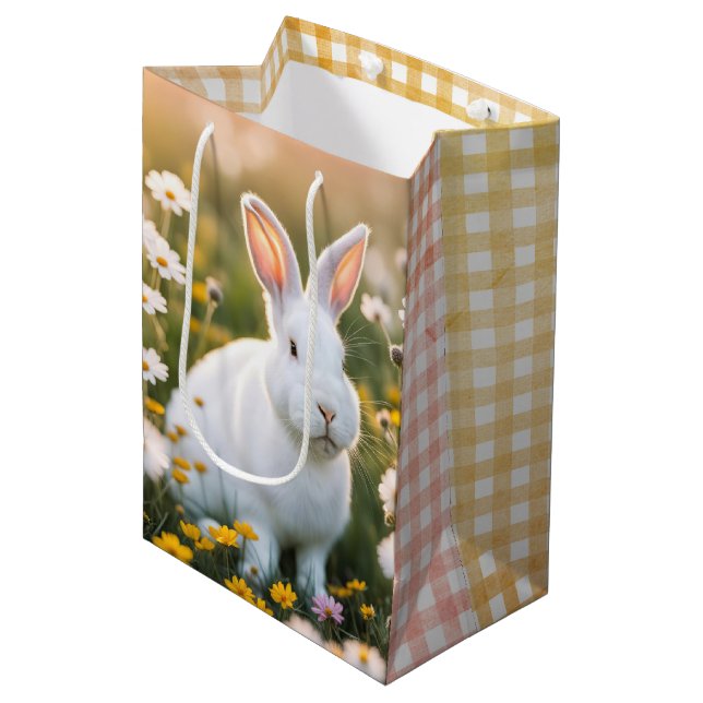White Easter Bunny In Daisies Medium Gift Bag (Front Angled)