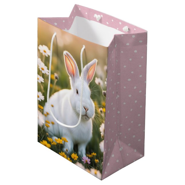 White Easter Bunny In Daisies Medium Gift Bag (Front Angled)