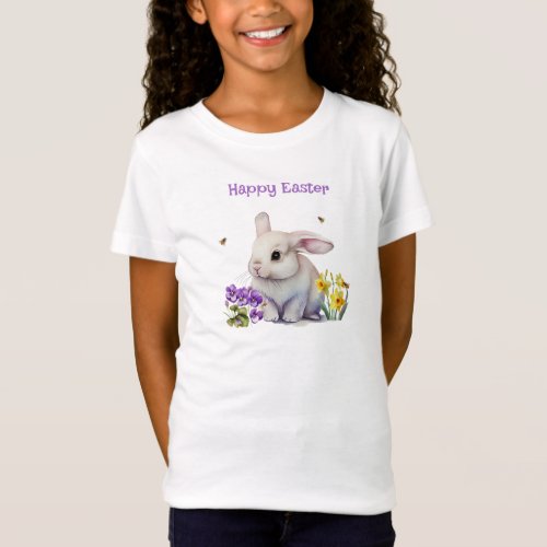 WHite Easter Bunny Pansies Daffodils Bee T_Shirt
