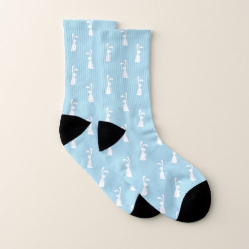 White Easter Bunny Rabbit Ears Pastel Blue Spring Socks