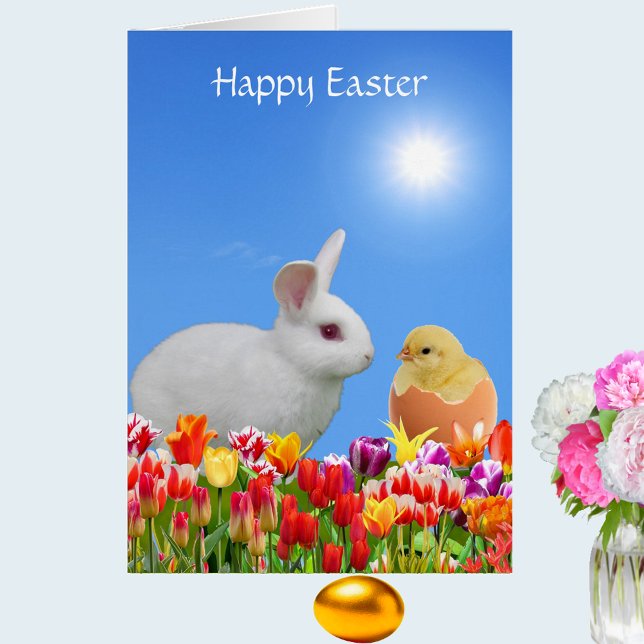 White Easter Bunny, Tulips & Chick on Sky Blue Cards (Creator Uploaded)