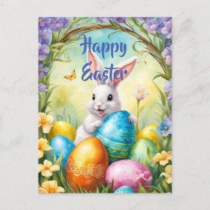 White Easter Bunny with Colorful Eggs Postcard