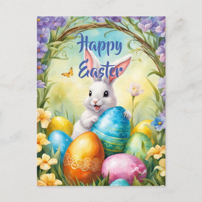 White Easter Bunny with Colorful Eggs Postcard (Front)