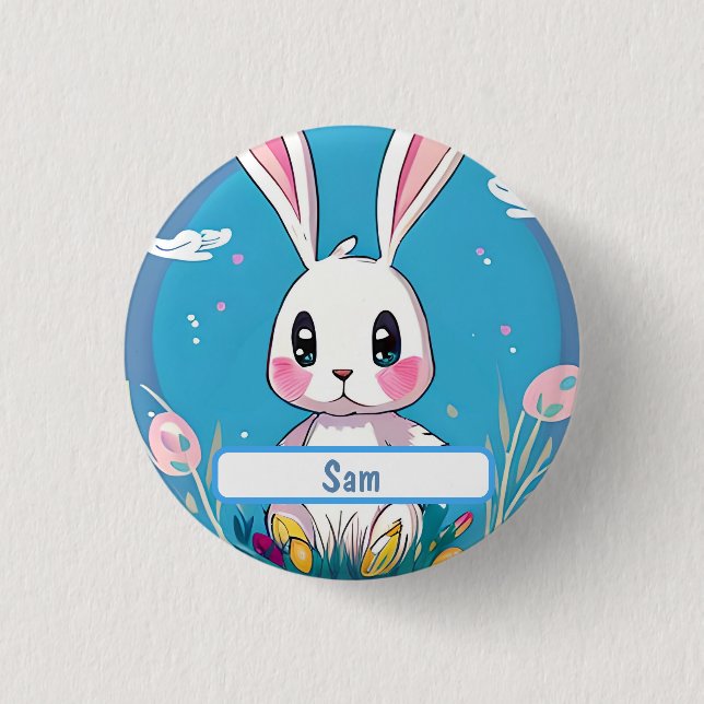 White Easter Bunny With Customizable Nametag Button (Front)