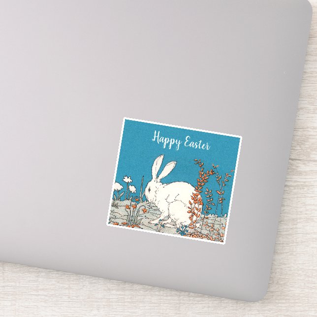 White Easter Rabbit Sitting in Orange White Flower Sticker (Detail)