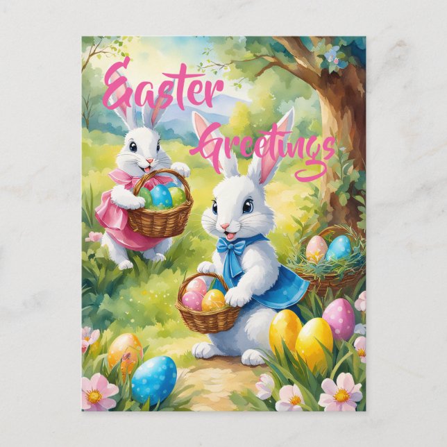 White Easter Rabbits with Colorful Eggs Postcard (Front)