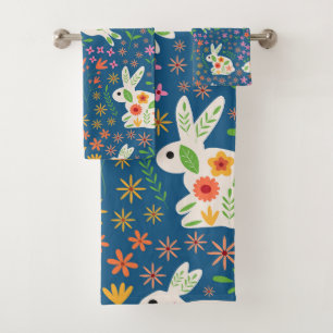 White Easter Rabbits with Whimsical flowers Bath Towel Set