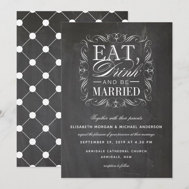 White eat drink and be married wedding invitation (Front/Back)