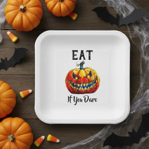White Eat if you dare Halloween Ghastly Pumpkin Paper Plates