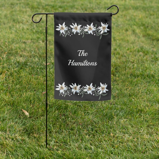 White Edelweiss On Black  Garden Flag (In SItu)