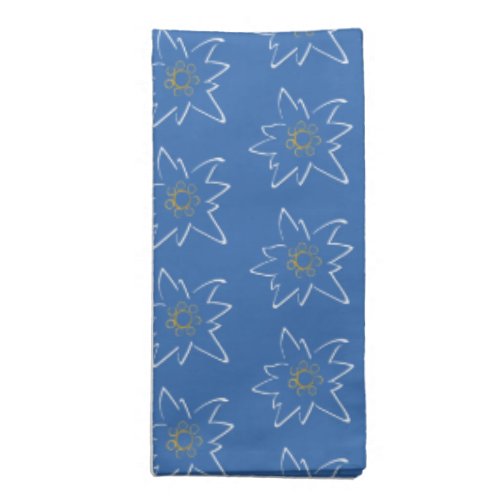 White Edelweiss Outline Pattern Blue  Cloth Napkin