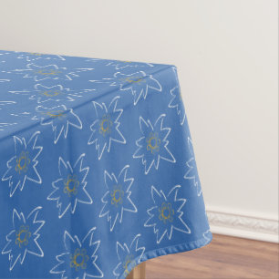 White Edelweiss Outline Pattern Blue Tablecloth