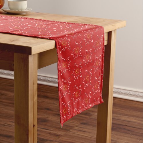 White Edelweiss Outline Pattern Red Short Table Runner