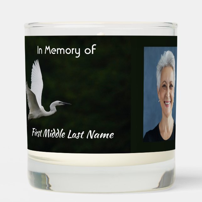 White Egret Bird Memorial Keepsake  Scented Candle (Front)