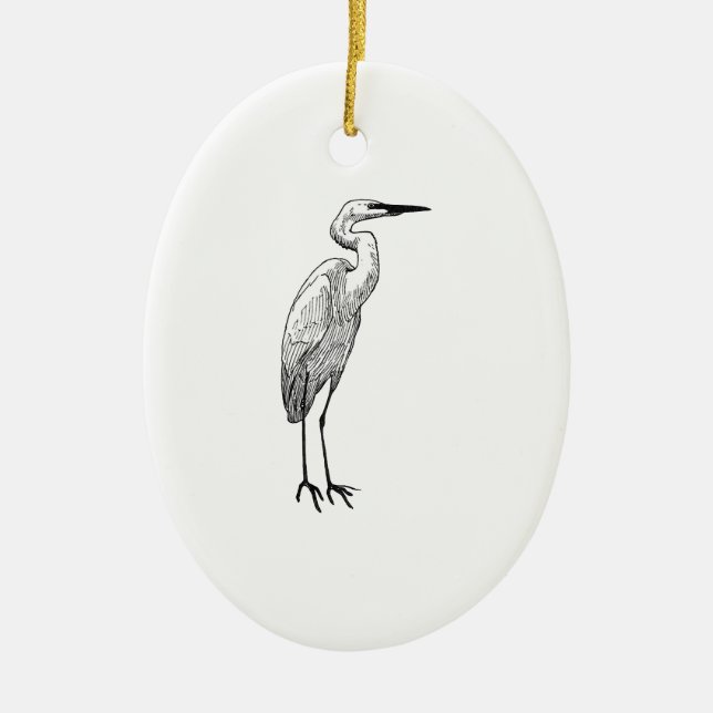 White Egret Ceramic Ornament (Front)