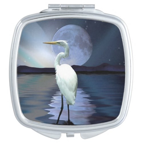 White Egret Full Moon  Aurora Wildlife Scene Makeup Mirror