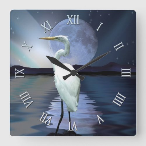 White Egret Full Moon  Aurora Wildlife Scene Square Wall Clock