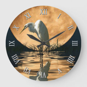 White Egret & Full Moon Wildlife Nature Scene Large Clock