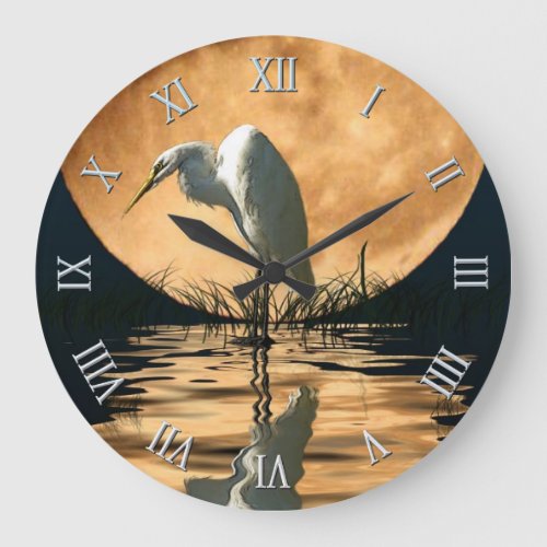 White Egret  Full Moon Wildlife Nature Scene Large Clock