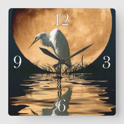 White Egret  Full Moon Wildlife Nature Scene Square Wall Clock