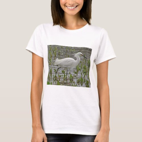 White Egret in Water and Greens Nature Wading Bird T_Shirt