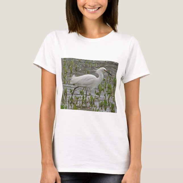 White Egret in Water and Greens Nature Wading Bird T-Shirt (Front)