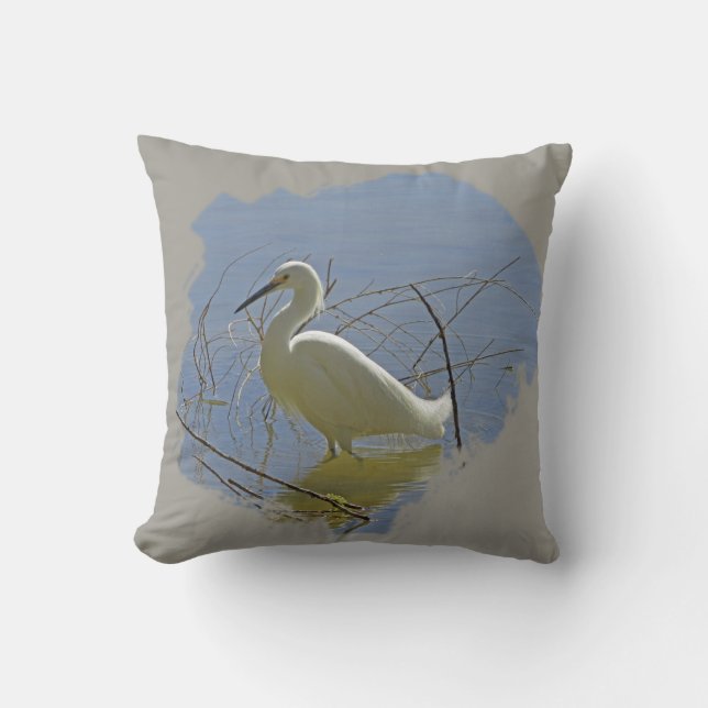 White Egret Photo Elegant Bird Calm Water Nature Throw Pillow (Front)