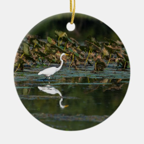 White Egret Reflection Ceramic Ornament