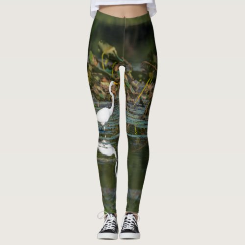 White Egret Reflection Leggings