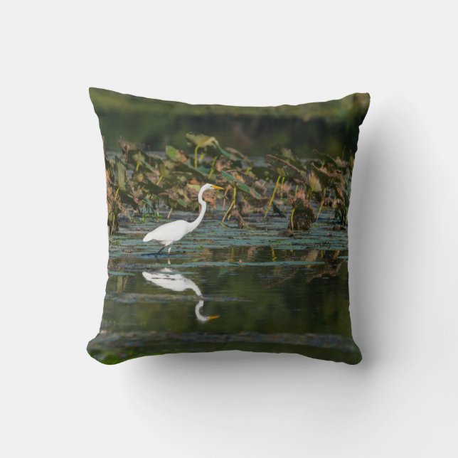 White Egret Reflection Throw Pillow (Front)