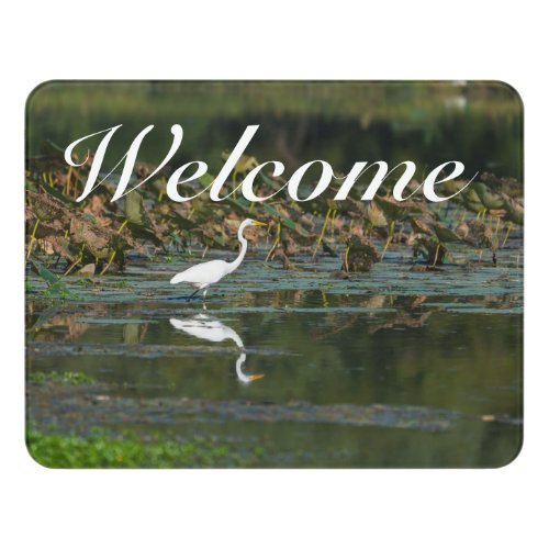 White Egret Reflection Welcome Sign