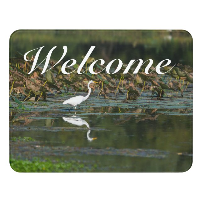 White Egret Reflection Welcome Sign (Contemporary Front)