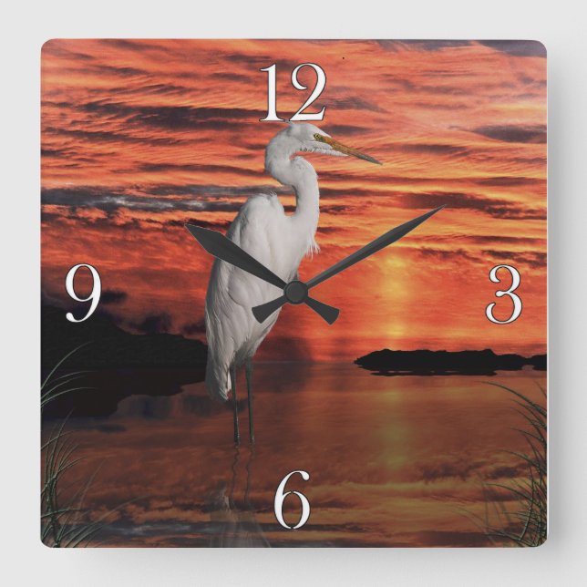 White Egret & Sunset Wildlife Nature Scene Square Wall Clock (Front)