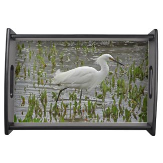 White Egret Water and Greens Photo Wading Bird Serving Tray
