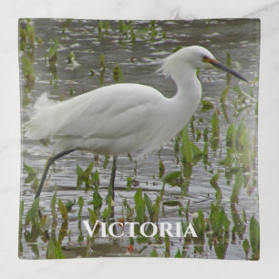 White Egret Water and Greens Photo Wading Bird Trinket Tray