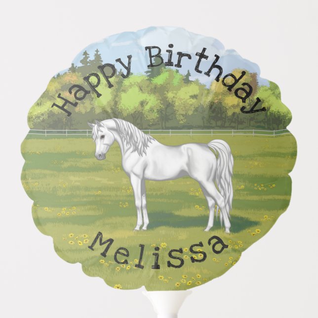 White Egyptian Arabian Horse in Summer Pasture Balloon (Front)
