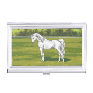 White Egyptian Arabian Horse in Summer Pasture Business Card Case