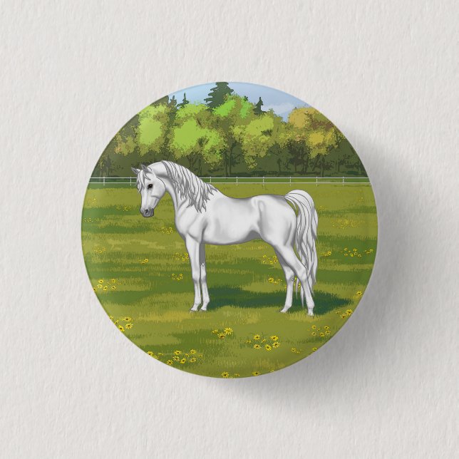White Egyptian Arabian Horse in Summer Pasture Button (Front)