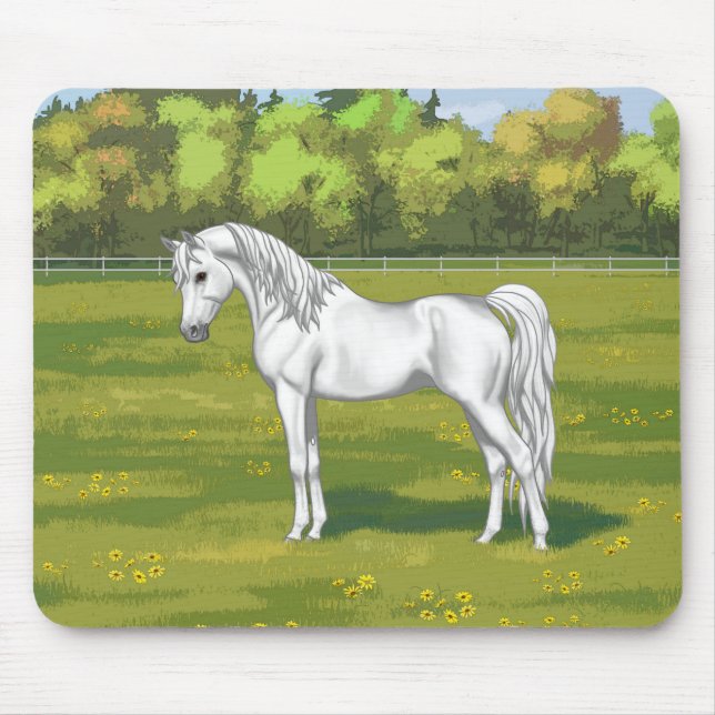 White Egyptian Arabian Horse in Summer Pasture Mouse Pad (Front)