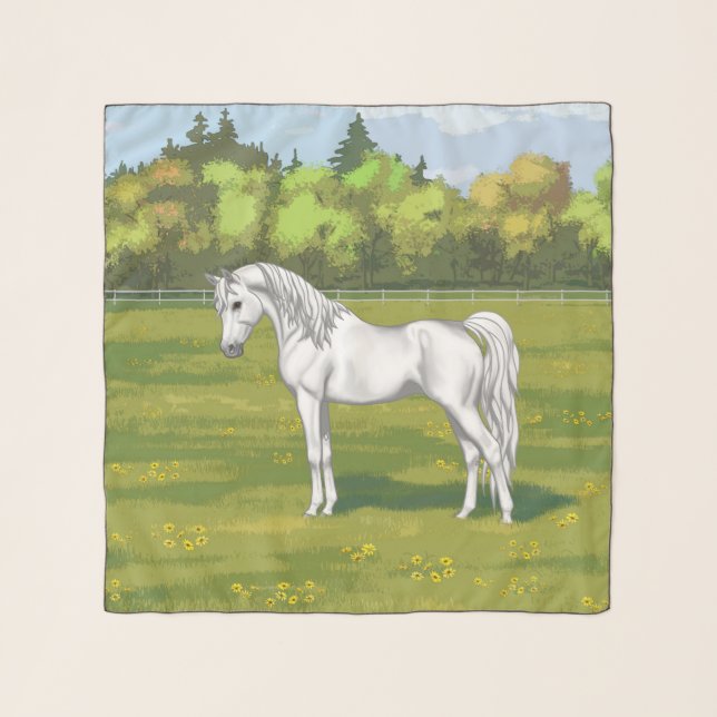 White Egyptian Arabian Horse in Summer Pasture Scarf (Front)