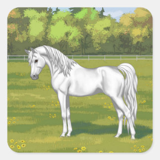 White Egyptian Arabian Horse in Summer Pasture Square Sticker