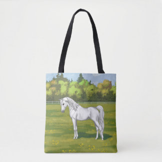 White Egyptian Arabian Horse in Summer Pasture Tote Bag