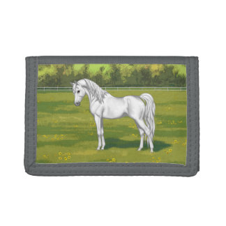White Egyptian Arabian Horse in Summer Pasture Trifold Wallet